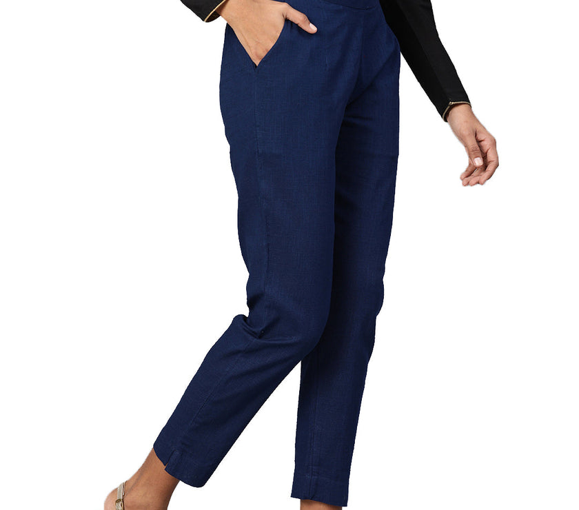 Divena Women Navy Blue Straight Fit Solid Regular Trousers