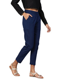 Divena Women Navy Blue Straight Fit Solid Regular Trousers