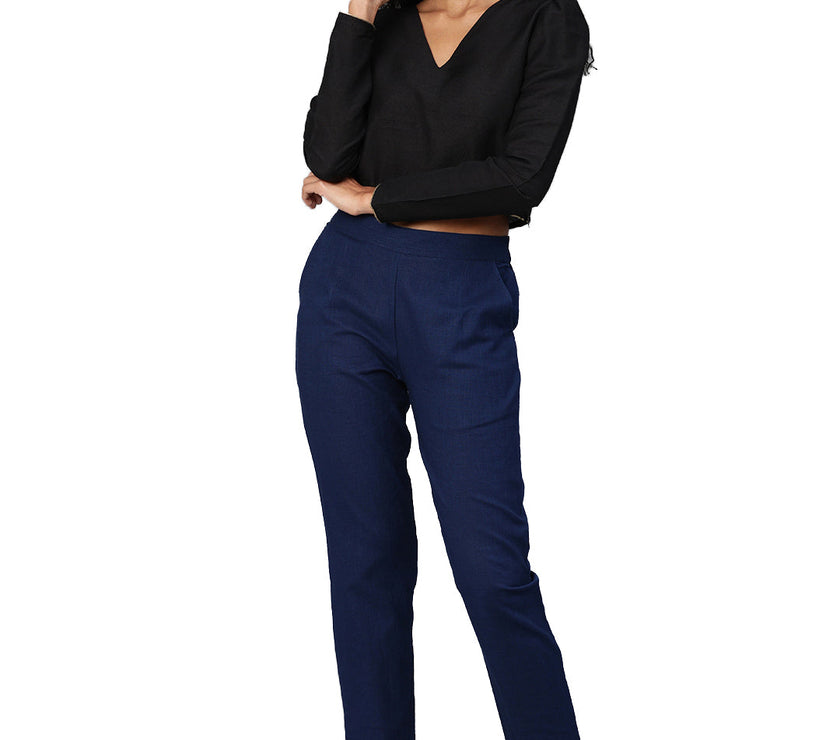 Divena Women Navy Blue Straight Fit Solid Regular Trousers