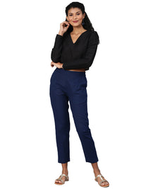 Divena Women Navy Blue Straight Fit Solid Regular Trousers