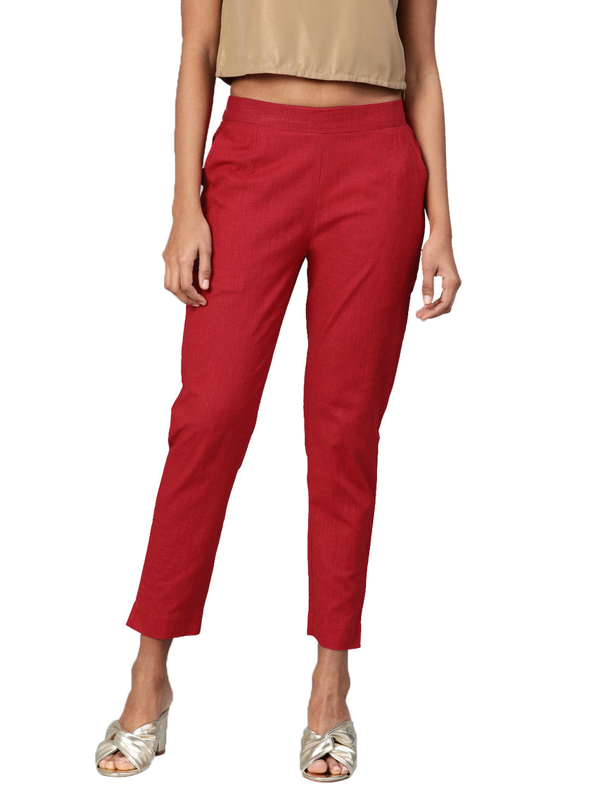 Divena Women Maroon Straight Fit Solid Regular Trousers