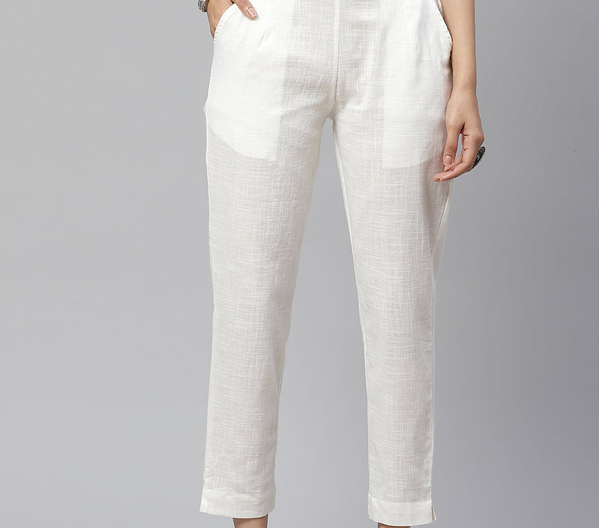 Divena Women Off-White Comfort Regular Fit Solid Cotton Cigarette Trousers