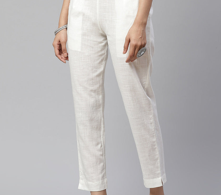 Divena Women Off-White Comfort Regular Fit Solid Cotton Cigarette Trousers