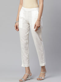 Divena Women Off-White Comfort Regular Fit Solid Cotton Cigarette Trousers