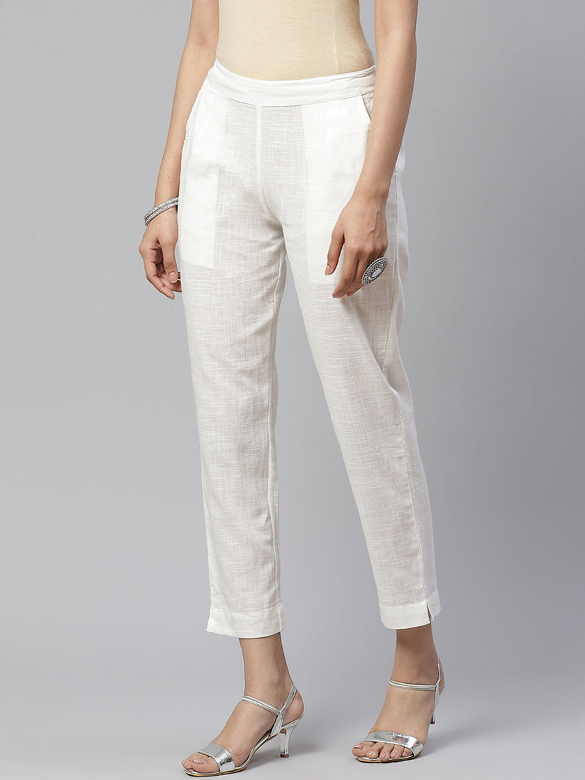 Divena Women Off-White Comfort Regular Fit Solid Cotton Cigarette Trousers