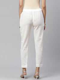 Divena Women Off-White Comfort Regular Fit Solid Cotton Cigarette Trousers