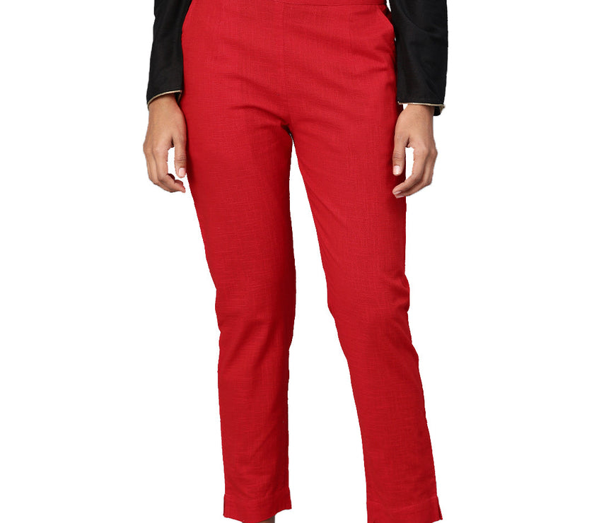 Divena Women Red Straight Fit Solid Regular Trousers