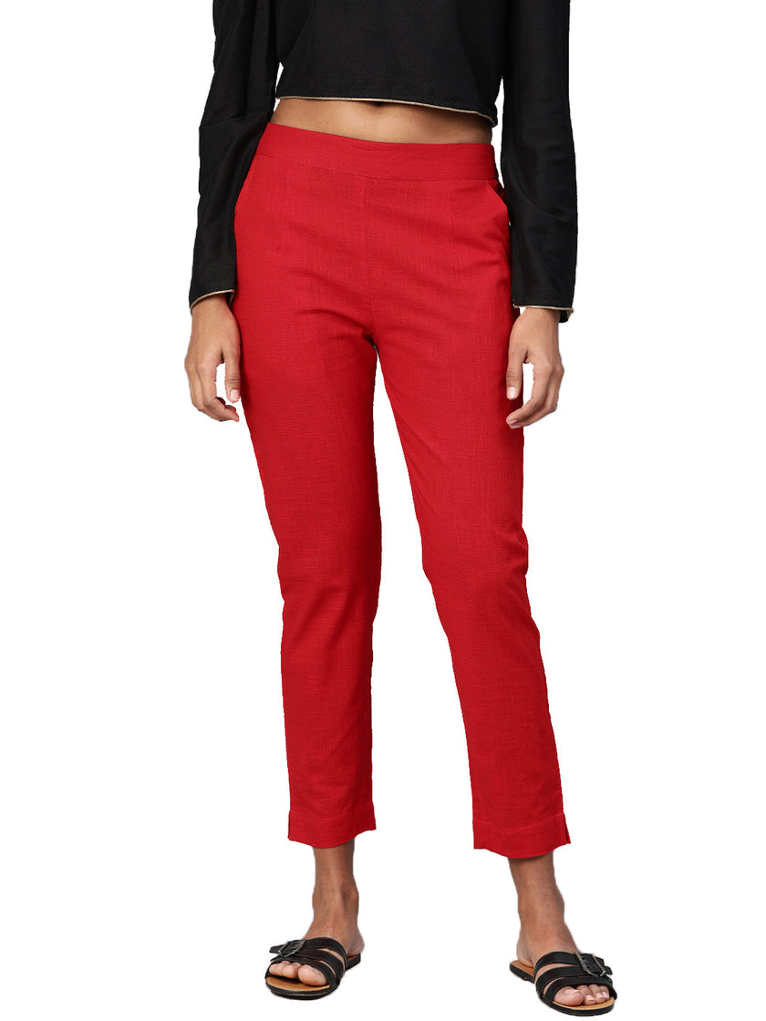 Divena Women Red Straight Fit Solid Regular Trousers