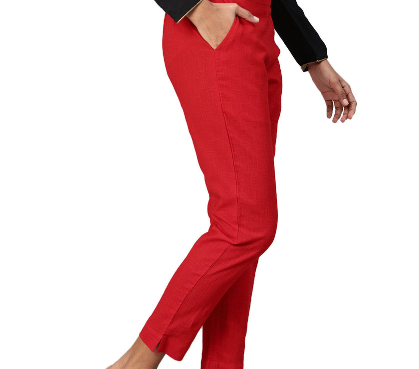 Divena Women Red Straight Fit Solid Regular Trousers