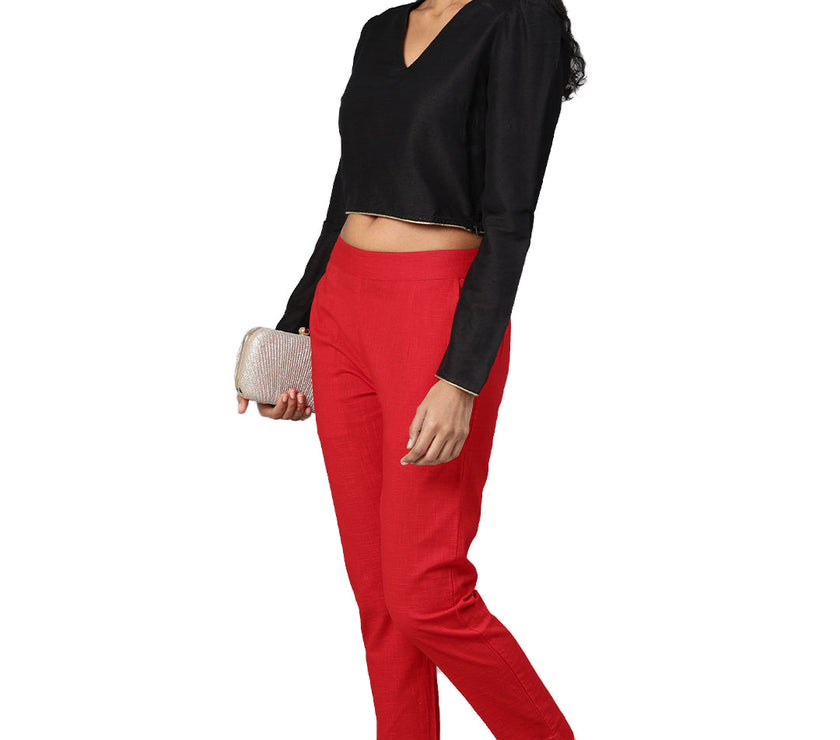 Divena Women Red Straight Fit Solid Regular Trousers