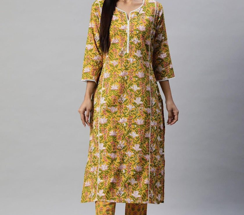 Divena Yellow Floral Printed Straight Kurta Pant Sets - divena world