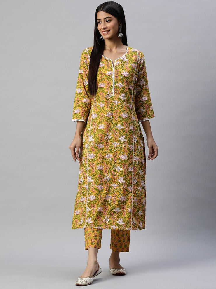 Divena Yellow Floral Printed Straight Kurta Pant Sets - divena world