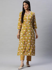 Divena Yellow Floral Printed Straight Kurta Pant Sets - divena world