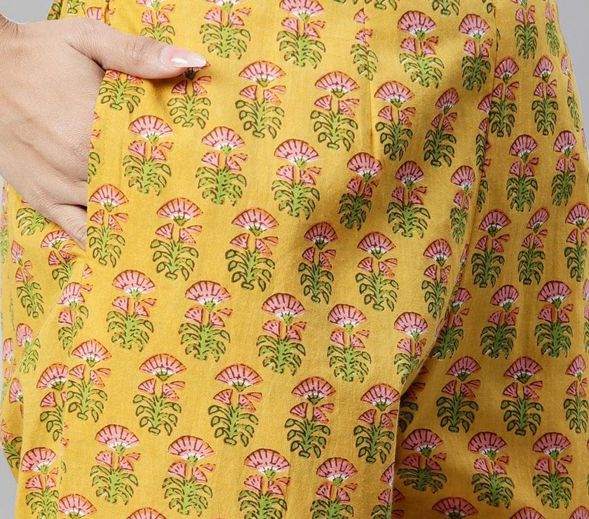 Divena Yellow Floral Printed Straight Kurta Pant Sets - divena world