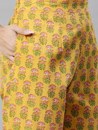 Divena Yellow Floral Printed Straight Kurta Pant Sets - divena world