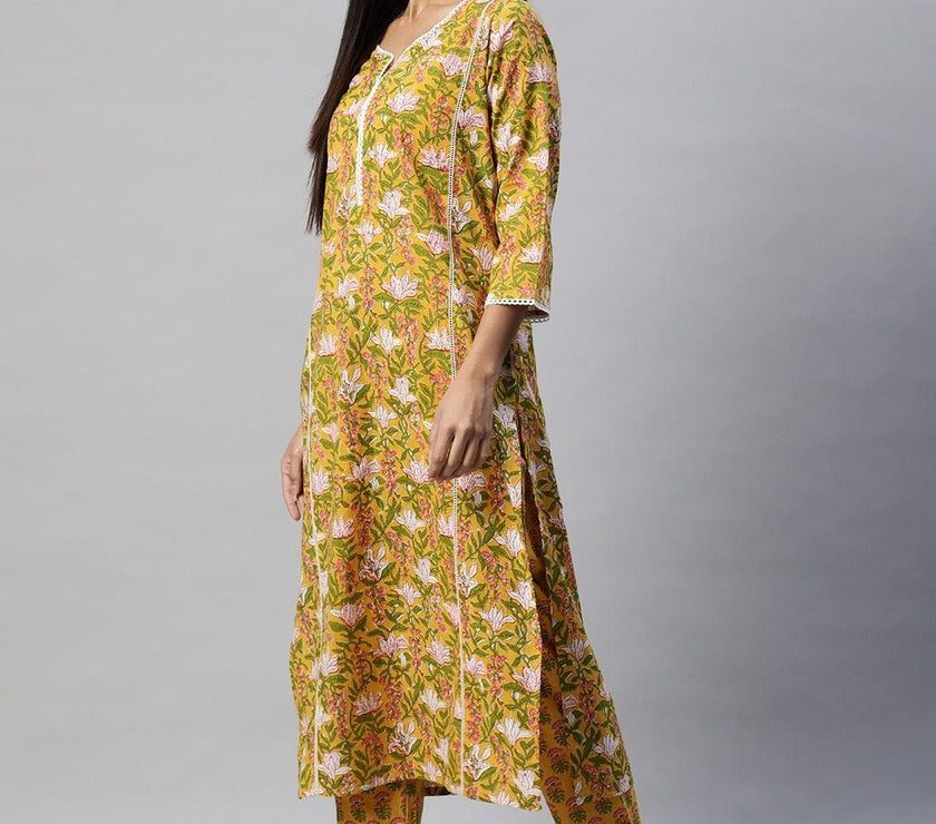 Divena Yellow Floral Printed Straight Kurta Pant Sets - divena world