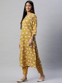 Divena Yellow Floral Printed Straight Kurta Pant Sets - divena world