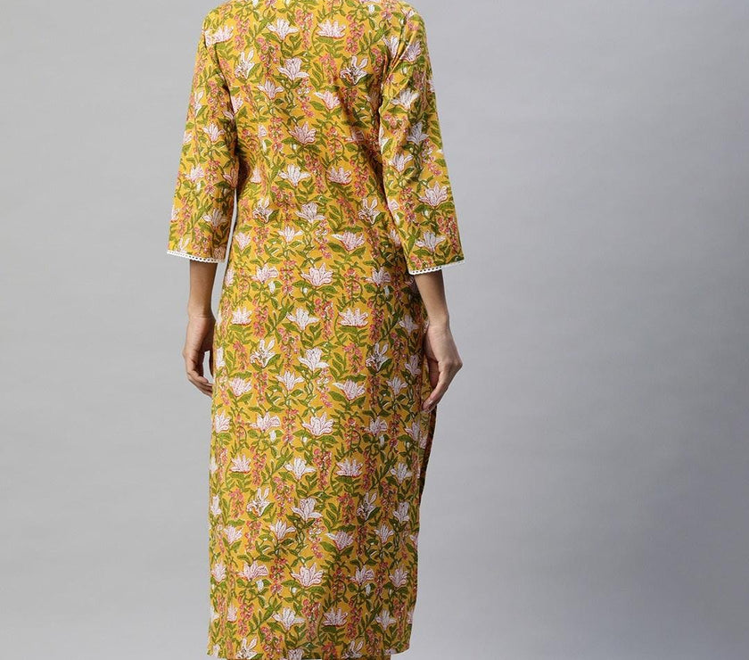 Divena Yellow Floral Printed Straight Kurta Pant Sets - divena world