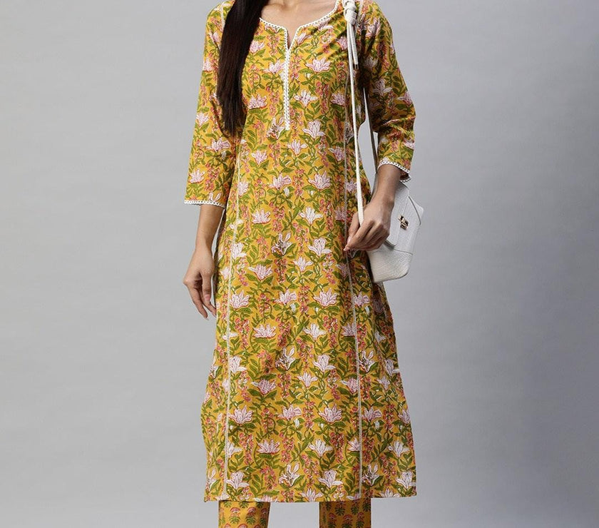 Divena Yellow Floral Printed Straight Kurta Pant Sets - divena world