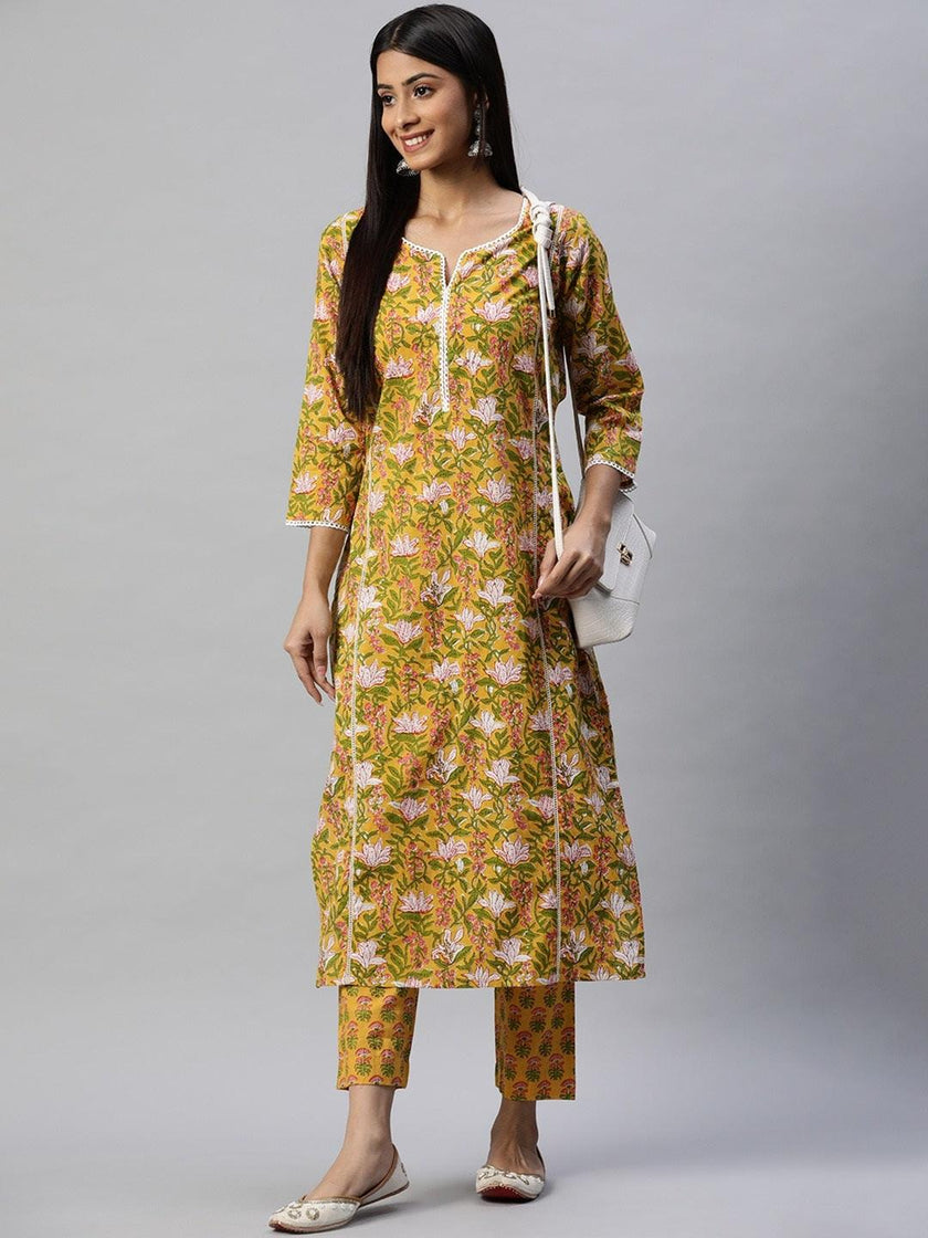 Divena Yellow Floral Printed Straight Kurta Pant Sets - divena world