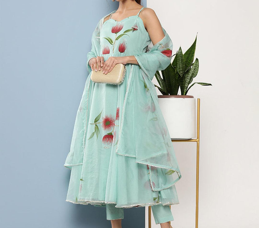 Divena Sky Blue Hand Painted Floral Organza Anarkali Kurta Pant Set with Dupatta - divena world