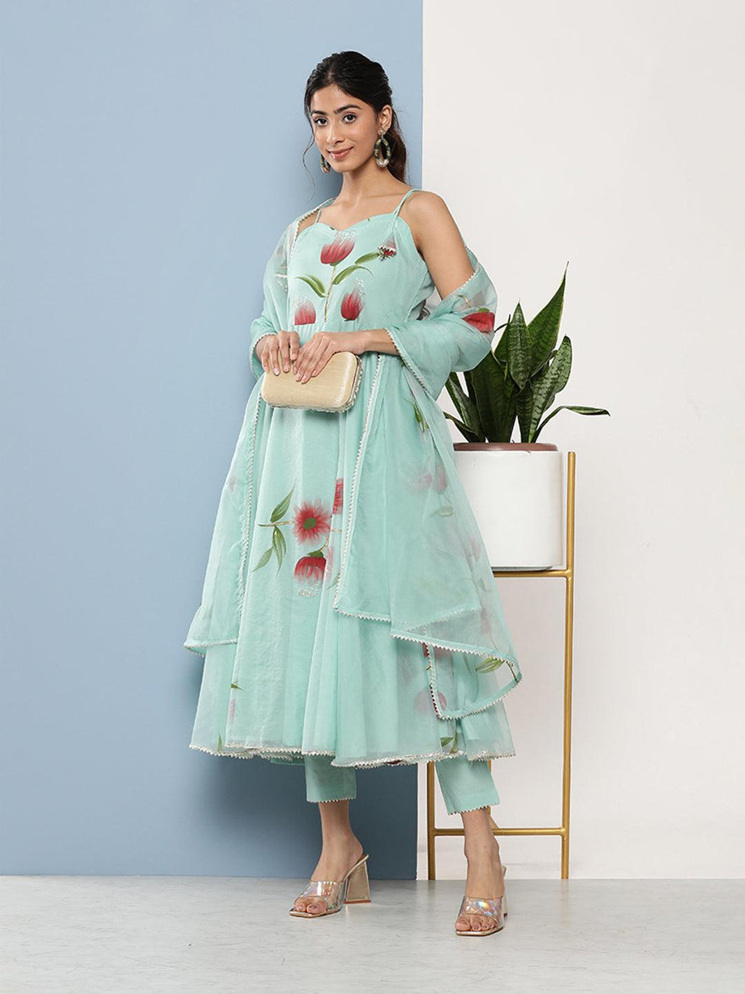 Divena Sky Blue Hand Painted Floral Organza Anarkali Kurta Pant Set with Dupatta - divena world