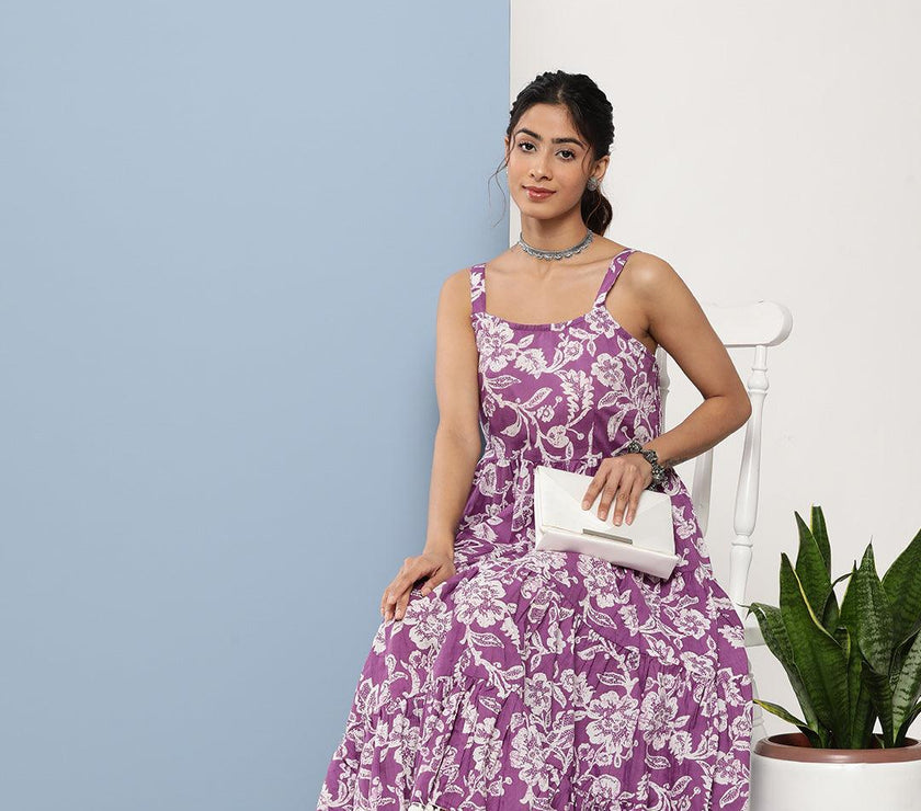 Divena Purple Floral Shoulder Strip Long Dress - divena world