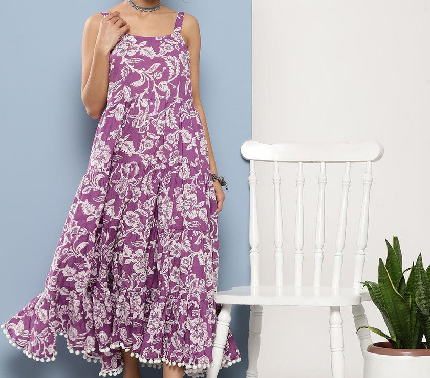 Divena Purple Floral Shoulder Strip Long Dress - divena world