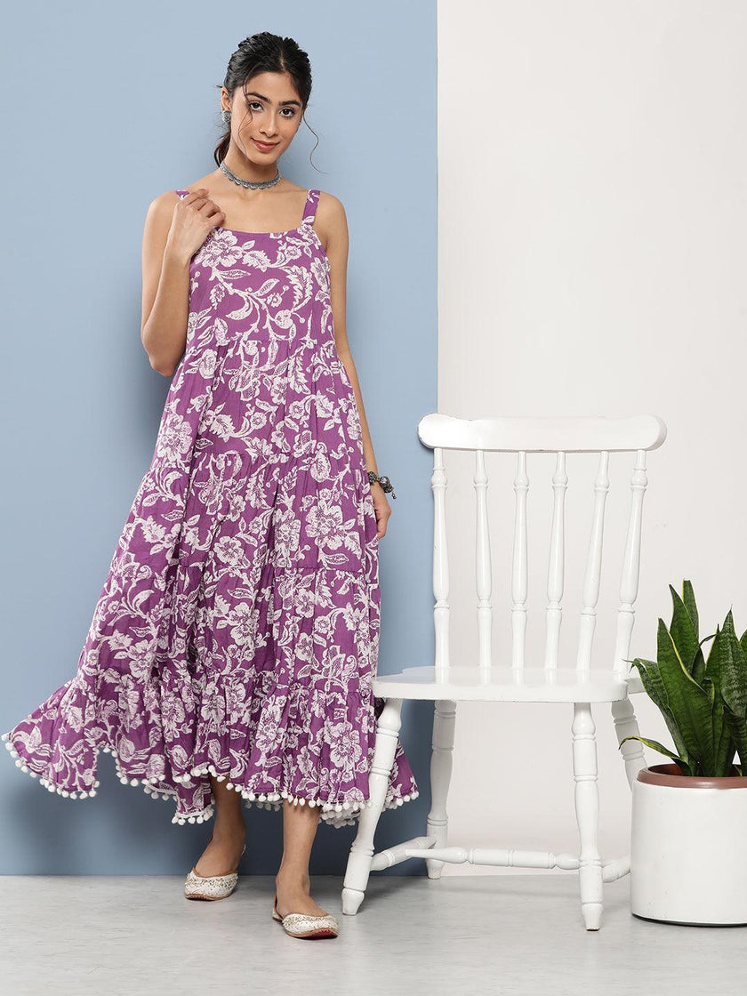 Divena Purple Floral Shoulder Strip Long Dress - divena world