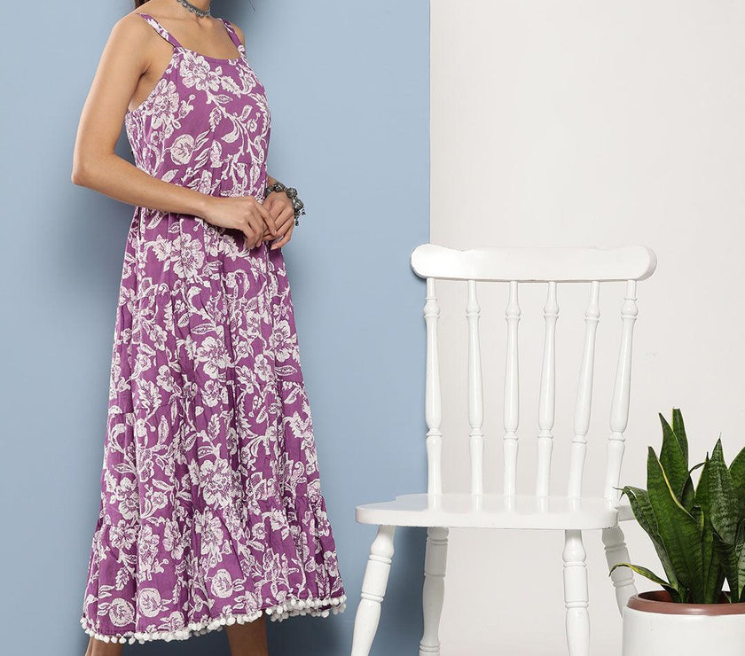 Divena Purple Floral Shoulder Strip Long Dress - divena world