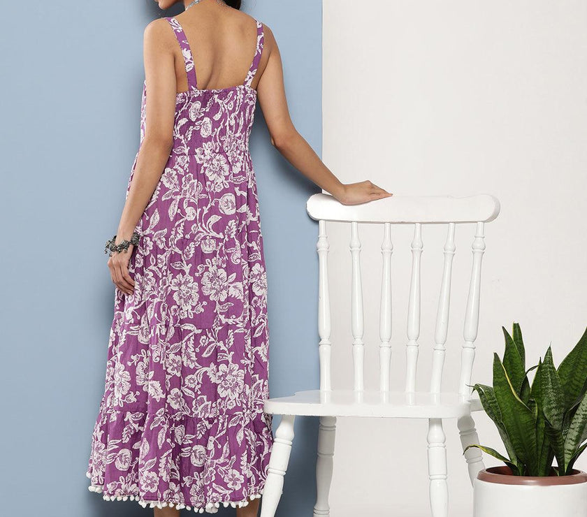 Divena Purple Floral Shoulder Strip Long Dress - divena world