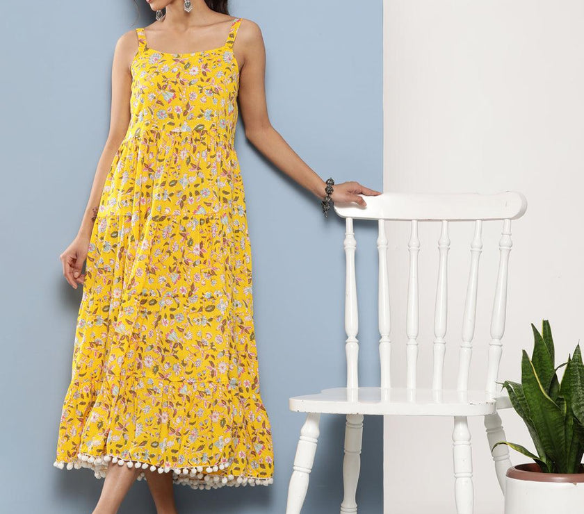 Divena Yellow Floral Shoulder Strip Long Dress - divena world