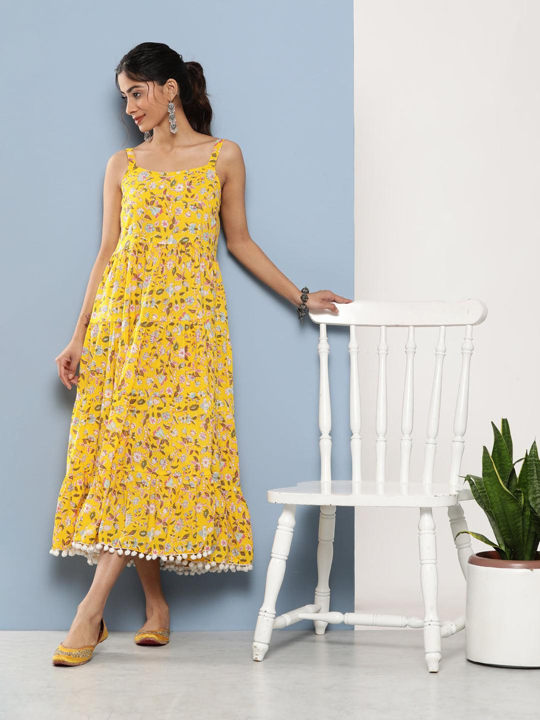 Divena Yellow Floral Shoulder Strip Long Dress - divena world