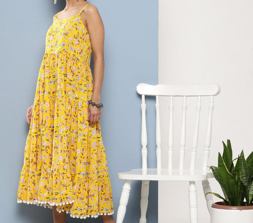 Divena Yellow Floral Shoulder Strip Long Dress - divena world