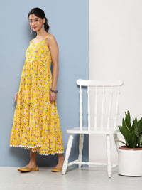 Divena Yellow Floral Shoulder Strip Long Dress - divena world