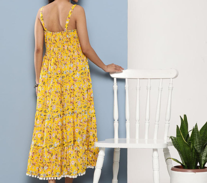 Divena Yellow Floral Shoulder Strip Long Dress - divena world