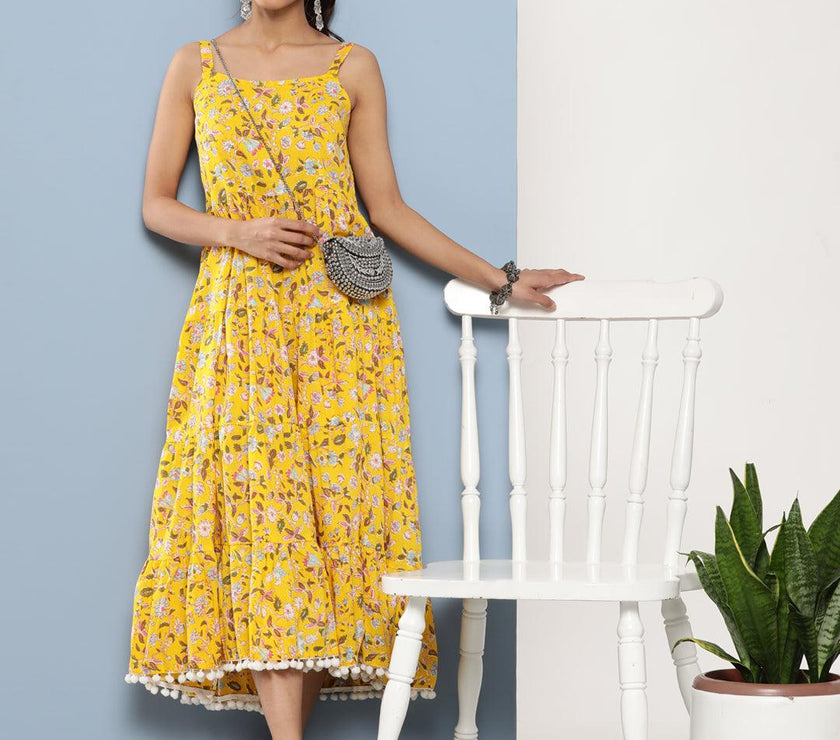 Divena Yellow Floral Shoulder Strip Long Dress - divena world