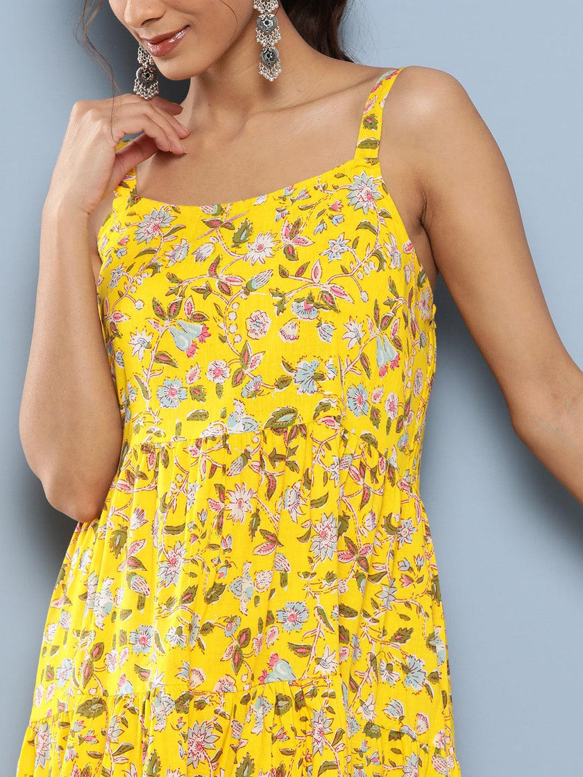 Divena Yellow Floral Shoulder Strip Long Dress - divena world