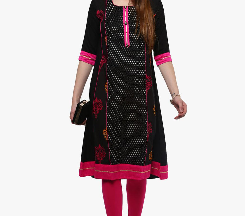 Divena Black Printed A-Line Rayon And Cotton Kurta - divena world