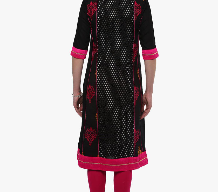 Divena Black Printed A-Line Rayon And Cotton Kurta - divena world