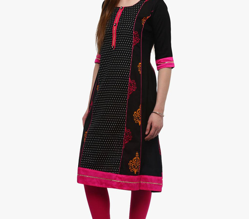 Divena Black Printed A-Line Rayon And Cotton Kurta - divena world