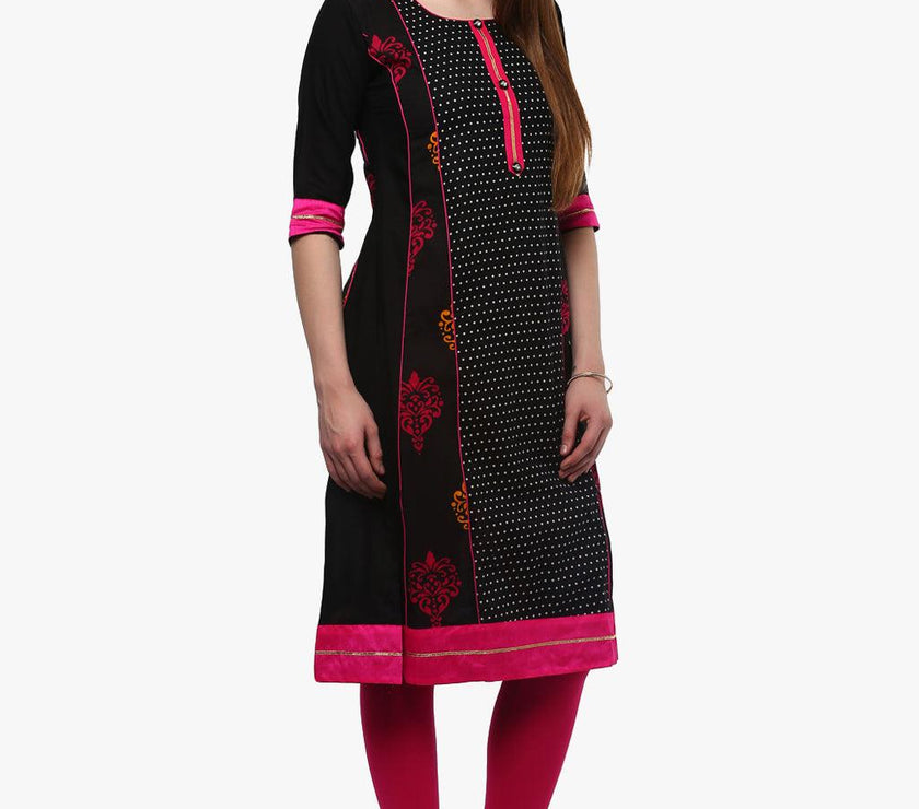 Divena Black Printed A-Line Rayon And Cotton Kurta - divena world