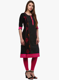 Divena Black Printed A-Line Rayon And Cotton Kurta - divena world