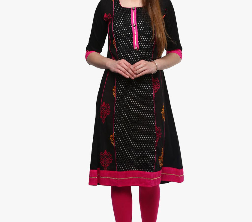 Divena Black Printed A-Line Rayon And Cotton Kurta - divena world