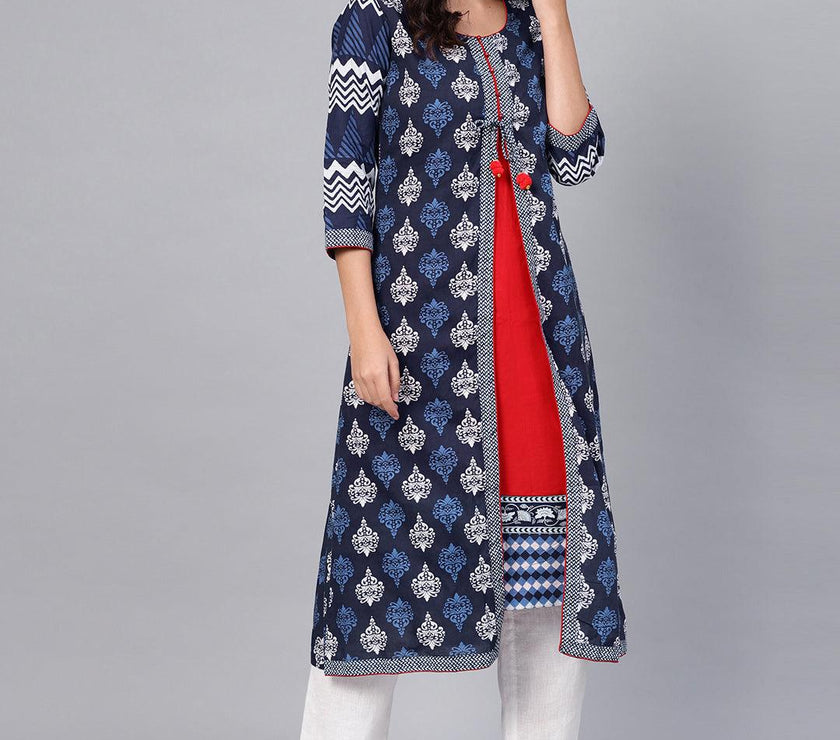 Divena Blue Cotton & Rayon A-line Kurti - divena world