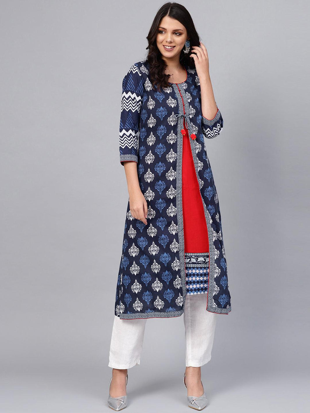 Divena Blue Cotton & Rayon A-line Kurti - divena world