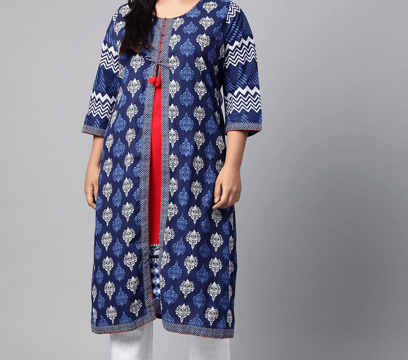 Plus Size Blue Cotton & Rayon A-line Kurti - divena world