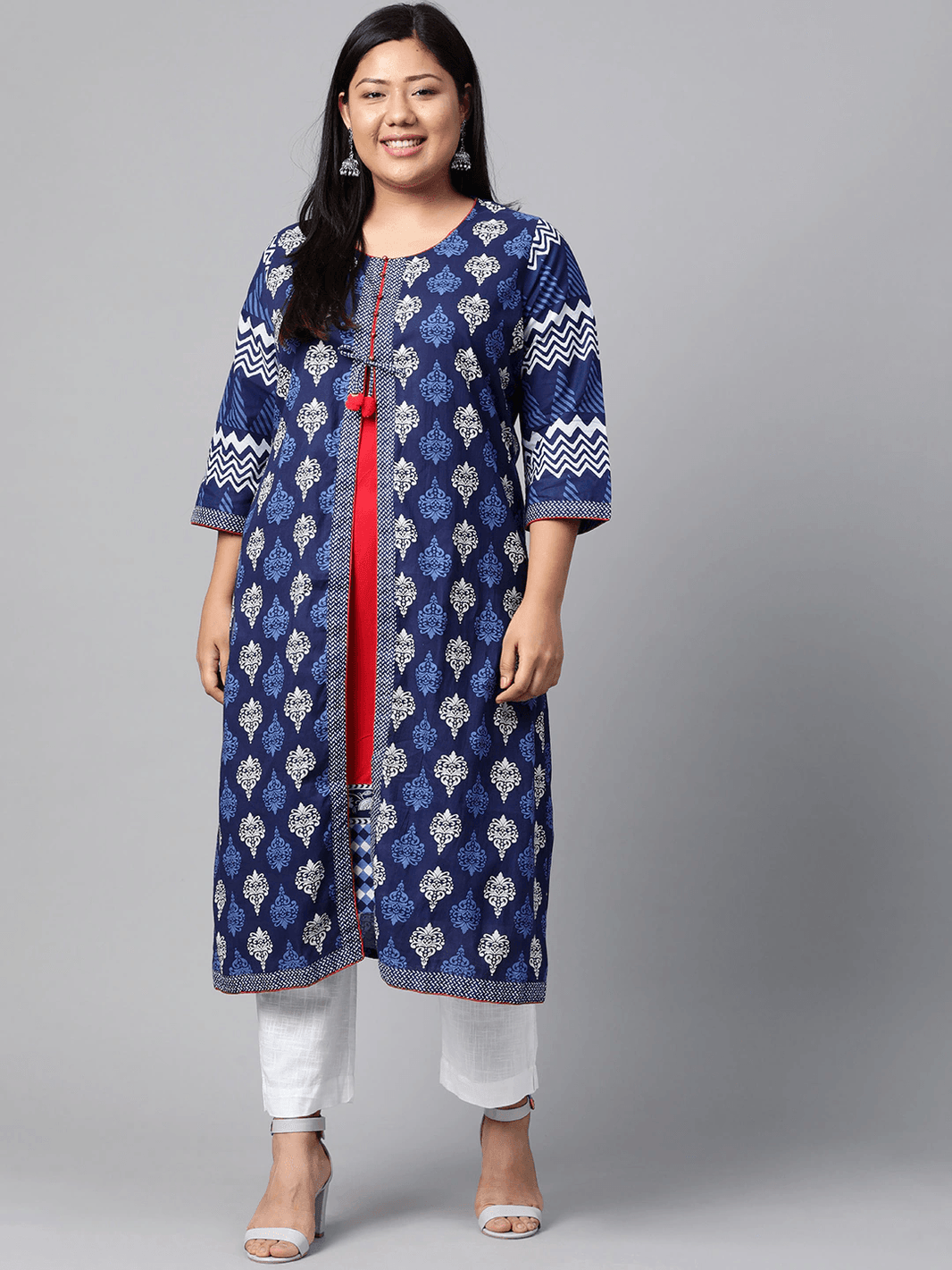 Plus Size Blue Cotton & Rayon A-line Kurti - divena world