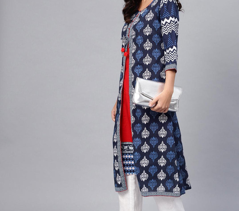 Divena Blue Cotton & Rayon A-line Kurti - divena world