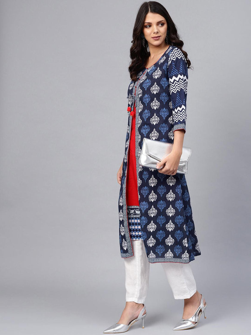 Divena Blue Cotton & Rayon A-line Kurti - divena world